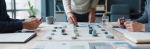 Realistische Arbeitsszene zum Thema «Aufgaben im ICT-Projektportfolio-Management: Strategisch ausrichten, Ressourcen planen, Risiken managen»: Strategische Ausrichtung, Ressourcenplanung, Risikomanagement, Reporting.