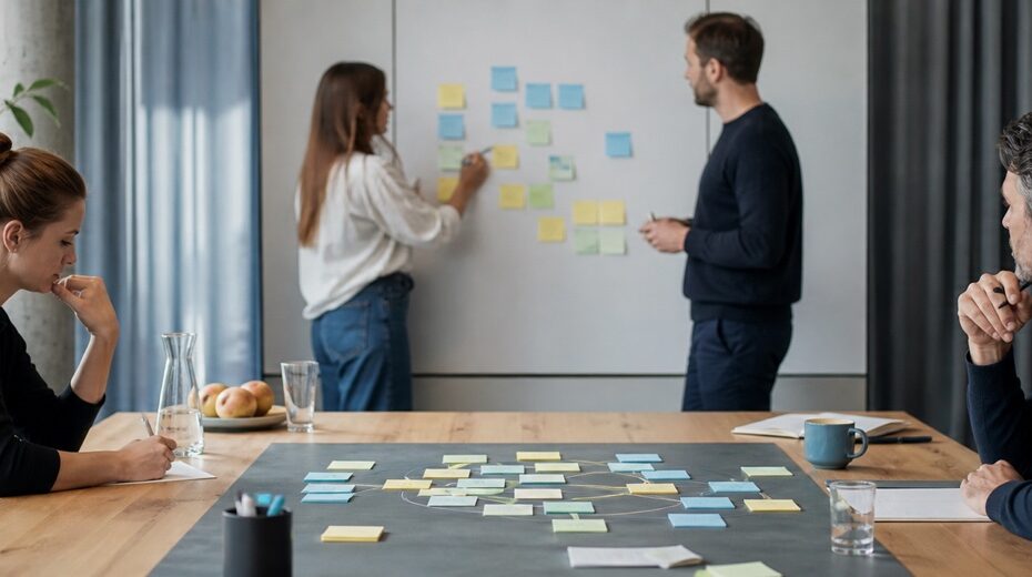 Realistische Arbeitsszene zum Thema «Brainstorming: Ideen in Gruppen und allein generieren – richtig anwenden»: Regeln, Vorbereitung, Allein vor Gruppe, Auswertung.