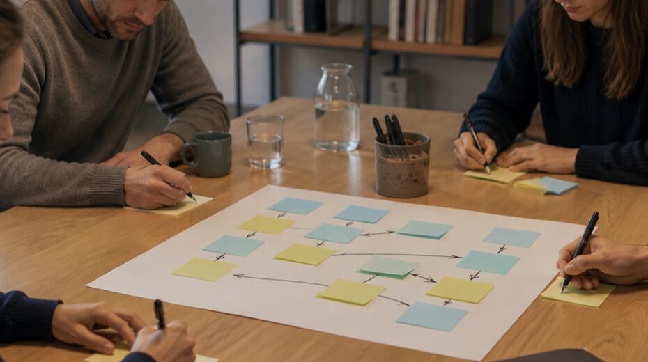 Realistische Arbeitsszene zum Thema «Brainwriting: Stille Ideenfindung ohne Dominanzeffekt»: Format, Gleichberechtigung, Dominanzeffekt, Ideenaufbau.