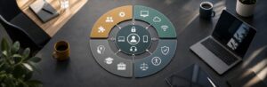 Vier gleichwertige Segmente verbinden Arbeitsgestaltung, digitale Umgebung, Kompetenzen sowie Schutz und Teilhabe rund um die Mitarbeitenden.