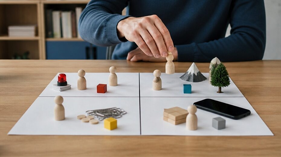 Realistische Arbeitsszene zum Thema «Eisenhower-Prinzip: Wichtig vs. dringend – die Matrix für besseres Zeitmanagement»: Q1: Krise, Q2: Strategie, Q3: Ablenkung, Q4: Zeitverschwendung.