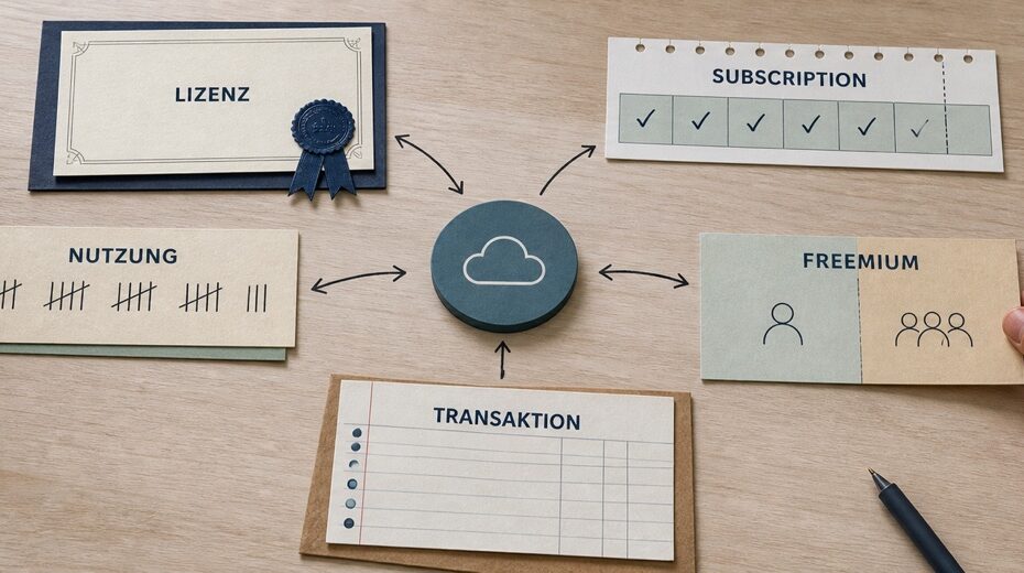 Fünf Karten vergleichen Lizenz, Subscription, Nutzung, Freemium und Transaktion als Ertragsmodelle eines digitalen Angebots.