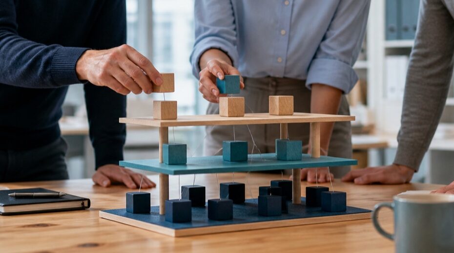 Realistische Arbeitsszene zum Thema «Führungsrollen: Von der Strategie zur operativen Umsetzung – drei Ebenen, eine Organisation»: Strategisch, Taktisch, Operativ.