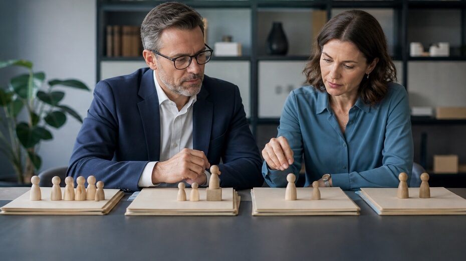 Eine Führungsperson und eine HR-Fachperson prüfen vier getrennte Modelle möglicher Grenzüberschreitungen am Arbeitsplatz.
