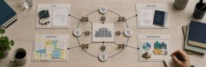Ein Innovationsökosystem verbindet eine Organisation mit Start-up-Pilot, Forschung, Hackathon und strategischer Partnerschaft.