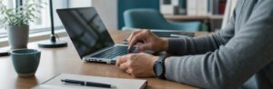 Realistische Arbeitsszene zum Thema «Installation Microsoft Entra Connect tool»: Werkzeug laden und starten, Dienst und Anmeldung, Cloud und Verzeichnis verbinden, Synchronisation eingrenzen, Prüfen und installieren.