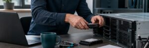 Realistische Arbeitsszene zum Thema «Installation Microsoft SQL-Server»: Setup und Lizenz, Regeln und Erweiterung, Engine und Verzeichnisse, Konten und Datenablage, Installieren und prüfen.