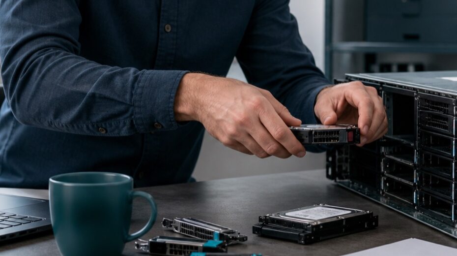 Realistische Arbeitsszene zum Thema «Installation Microsoft SQL-Server»: Setup und Lizenz, Regeln und Erweiterung, Engine und Verzeichnisse, Konten und Datenablage, Installieren und prüfen.