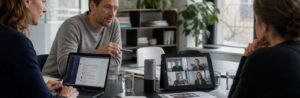 Realistische Arbeitsszene zum Thema «Kommunikationsmittel verstehen: E-Mail, Chat, Video und Dokumentation»: E-Mail, Chat (Teams, Slack), Videokonferenz, Dokumentation.