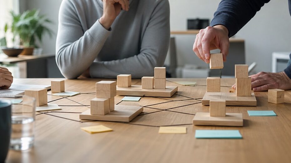 Realistische Arbeitsszene zum Thema «Kopfstandtechnik (Umkehrtechnik): Probleme durch Umkehrung lösen»: Originalfrage, Umkehrung, Ideen sammeln, Umkehren.