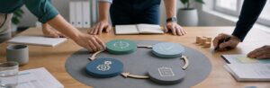 Realistische Arbeitsszene zum Thema «Der Managementkreislauf: planen, entscheiden, realisieren und kontrollieren»: Planen, Entscheiden, Realisieren, Kontrollieren.