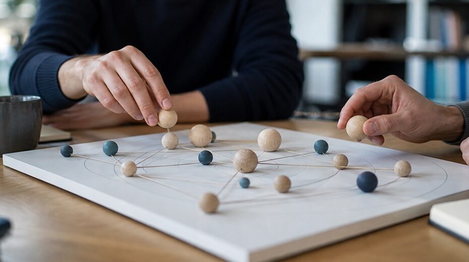 Realistische Arbeitsszene zum Thema «Markowitz-Prinzipien im ICT-Portfolio: Risiko, Rendite und Portfolio-Balance»: Diversifikation, Effizienzgrenze, Korrelation, Gesamtportfolio.