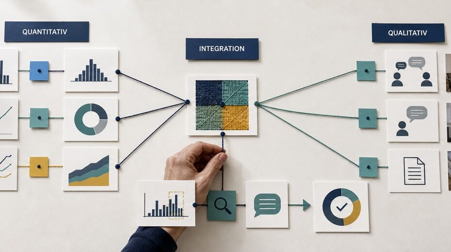 Quantitative Messwerte und qualitative Beobachtungen werden in einer gemeinsamen Mixed-Methods-Auswertung zusammengeführt.