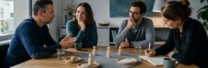 Realistische Arbeitsszene zum Thema «Natürliche Kommunikationsformen: Verbal, Paraverbal, Nonverbal und Schriftlich»: Verbal, Paraverbal, Nonverbal, Schriftlich.