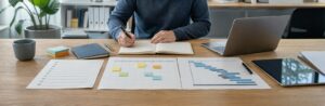 Realistische Arbeitsszene zum Thema «Planungsinstrumente im Überblick: Von To-do bis Gantt»: To-do-Liste, Wochenplan, Gantt-Chart, Digitale Tools.
