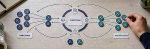Eine zweiseitige Plattform verbindet Anbietende und Nachfragende und macht gegenseitige Netzwerkeffekte sichtbar.