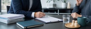 Realistische Arbeitsszene zum Thema «Rechtssicherheit im Führungsbereich: Vertragsrecht, Haftung und Datenschutz»: Vertragsrecht im Führungsalltag, Haftpflichtrecht — wer haftet wofür?, Datenschutz: DSG und DSGVO im…, Fazit.
