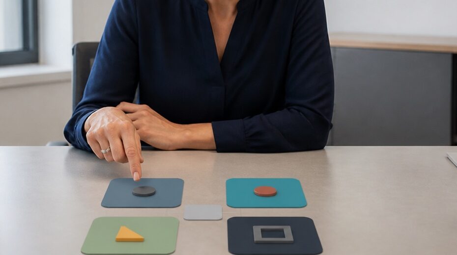 Eine Führungskraft prüft vier unterschiedlich gestaltete Felder für Beobachtung, Gefühle, Interessen und Handlungsspielraum.