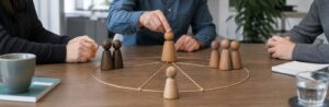 Realistische Arbeitsszene zum Thema «Soziodynamische Rangstruktur nach Schindler»: Alpha, Beta, Gamma, Omega, Gegenüber.